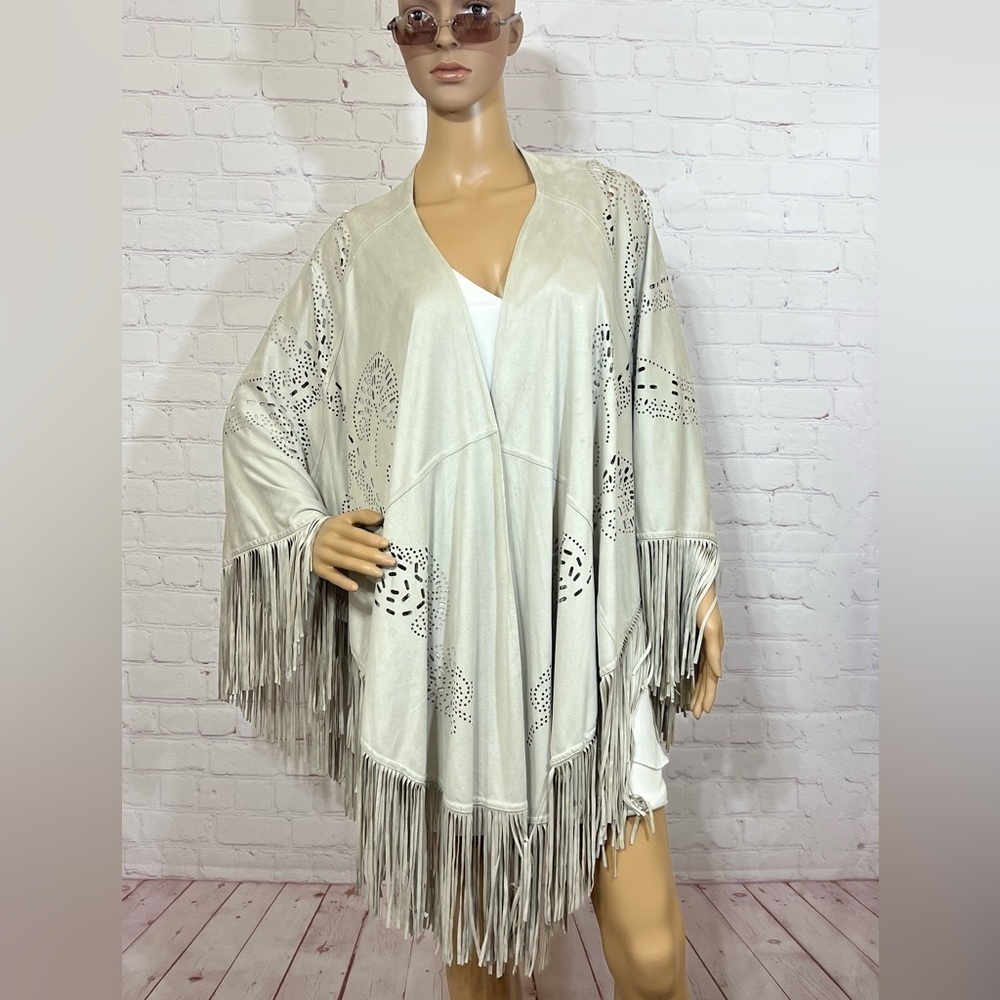 LENA GABRIELLE NEW YORK laser cut micro suede women’s shawl poncho in Grey OSFA